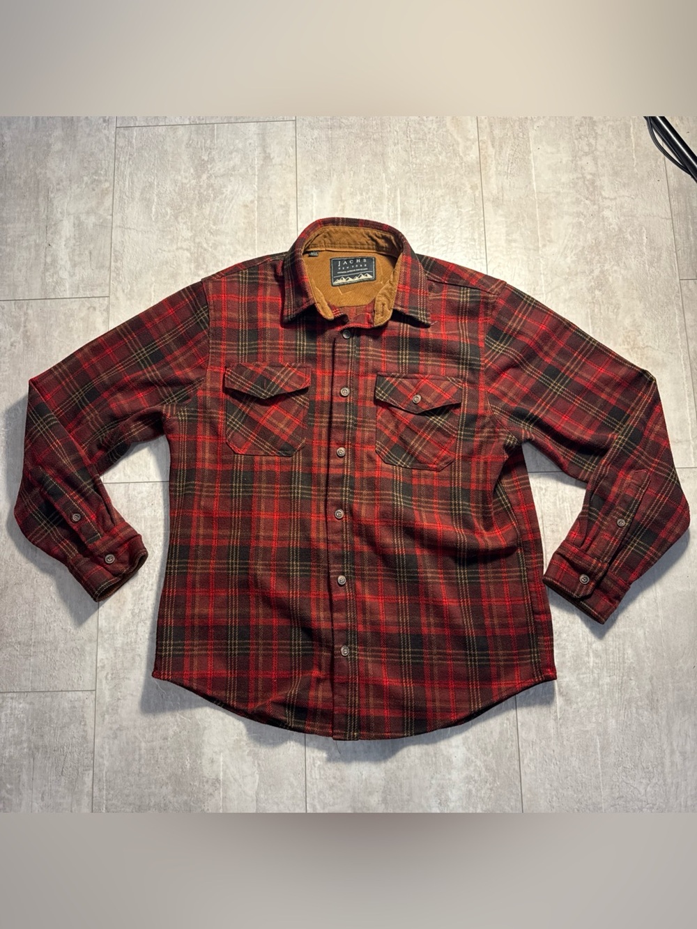 Jachs New York Red and Brown Plaid Button-Front heavy Flannel Shirt jacket sz L
